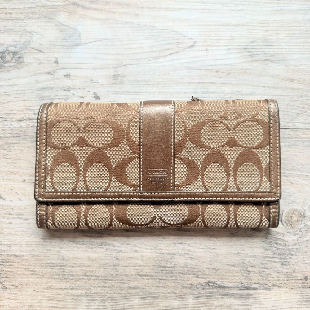 Coach Signature Jacquard Continental Wallet Khaki Bronze Metallic Leather Y2K